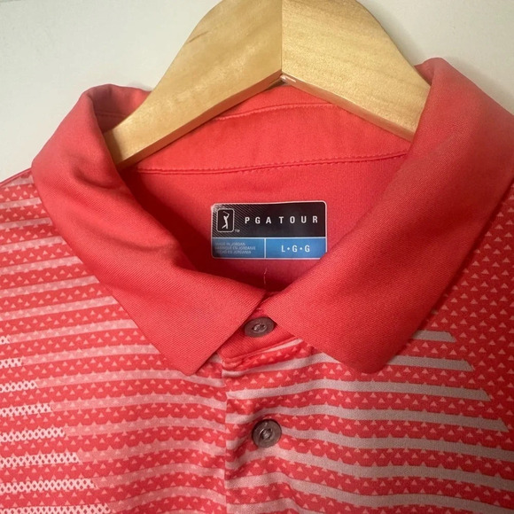 PGA TOUR Striped Orange Pink Mens Golf Polo Shirt Large Athletic Activewear - Picture 2 of 3